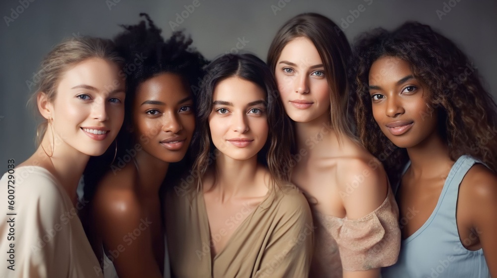 Obraz premium A diverse group of beautiful women with natural beauty and glowing smooth skin. Portrait of many attractive female fashion models with great skincare of all races, tones and style, Generative AI