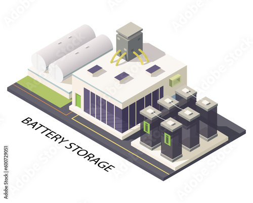 Electric battery power storage station. Industrial energy building in 3d isometric design. Power plant and alternative green electric generation station. Reactor power. Vector illustration