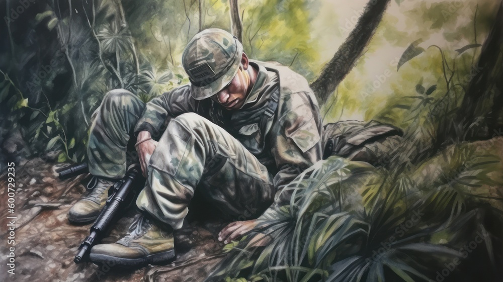 watercolor tired soldier in jungle AI generative