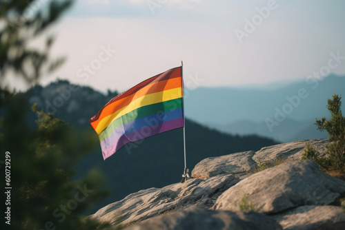 Pride flag on a mountain, pride, background, bokeh Generative AI