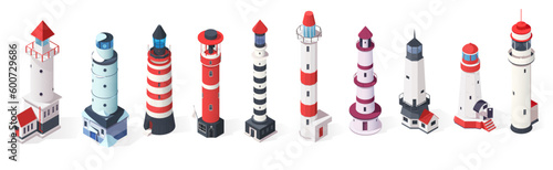 Lighthouses set in isometric 3d style. Traditional coastline architecture buildings isolated on white background. Different design of coast beacons. Sea port navigation buildings. Vector illustration