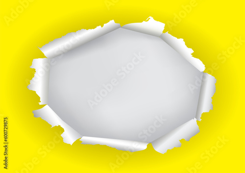 
Yellow ripped Paper, oval hole, banner template. 
Illustration of yellow torn paper with white place for your image or text. Vector available