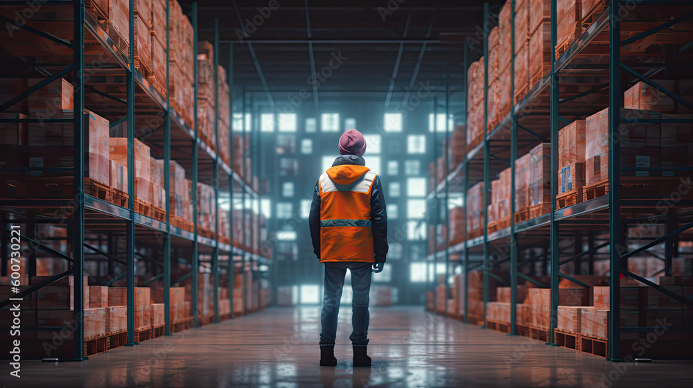Rear view of a warehouse worker checking the goods. Generative AI Rear view of a warehouse worker checking the goods. Generative AI