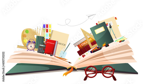Opened book with school items, textbook and notebook inside pages. Poster for bookstore, education, library or other reading or literature event. Read more knowledge books. Flat Vector illustration