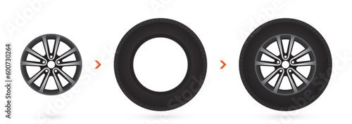 Vector realistic car wheel tires with rim and without rim. Isolated on white background