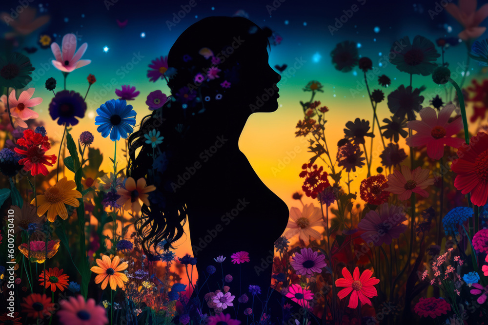 dark woman silhouette in flower symbolizing beauty and femininity generative ai