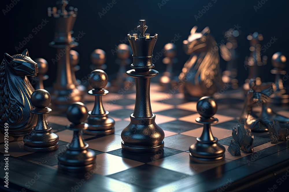 Chess Art on Chess Board. Chess Pieces, King, and Strategy for Board Game. Generative AI illustrations. Chess Art on Chess Board. Chess Pieces, King, and Strategy for Board Game. Generative AI illustrations.