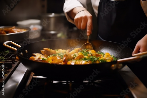 chef in the kitchen preparing cooking food in a frying pan generative ai
