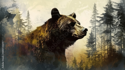 Illustration of a bear in the forest by generative AI