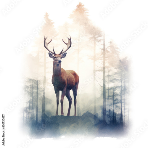 Illustration of a deer in a misty pine forest by generative AI