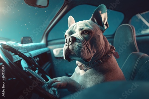 There is a dog now occupying the driver's seat of a vehicle. Generative AI photo