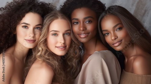 A diverse group of beautiful women with natural beauty and glowing smooth skin. Portrait of many attractive female fashion models with great skincare of all races, tones and style, Generative AI