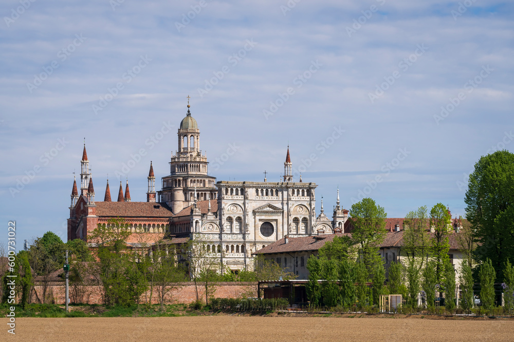 Certosa di Pavia at sunny day, built in the late fourteenth century in the province of Pavia, close up ,Lombardy, Italy