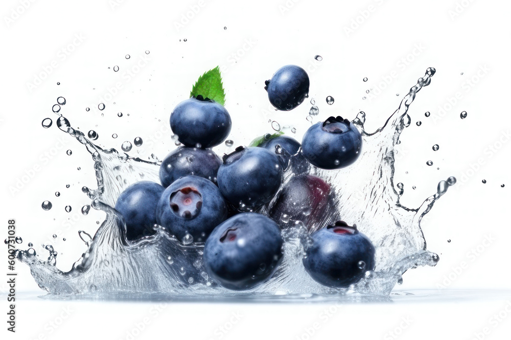 Ripe blueberries, leaves and splashes of water on a white background. AI generative. Ripe blueberries, leaves and splashes of water on a white background. AI generative.