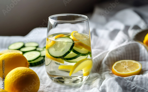 glass water with lemon and cucumber slices on the table generative ai