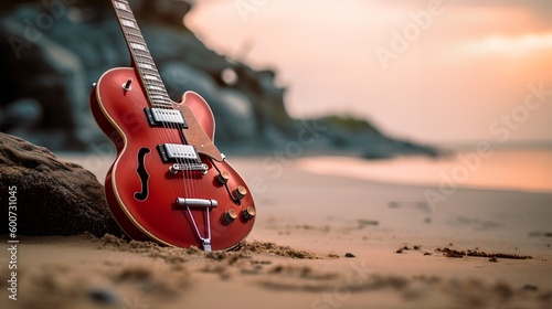Red Guitar on the Beach, Image Ai Generated