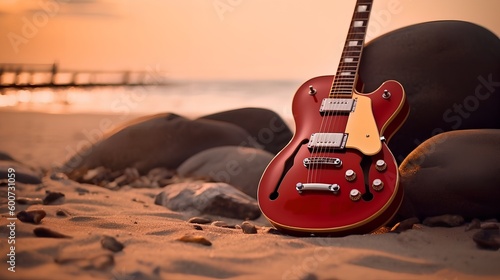 Red Guitar on the Beach, Image Ai Generated