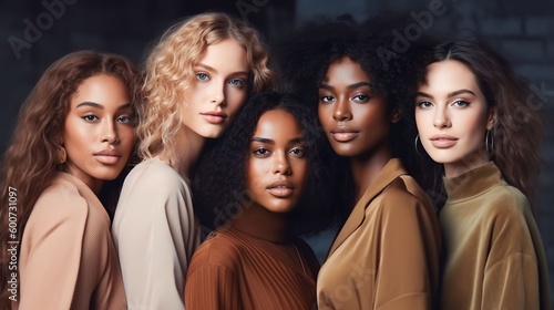 A diverse group of beautiful women with natural beauty and glowing smooth skin. Portrait of many attractive female fashion models with great skincare of all races, tones and style, Generative AI