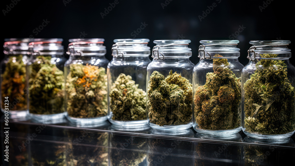 glass jars with different strain of cannabis display case with buds of medical marijuana generative ai - obrazy, fototapety, plakaty 