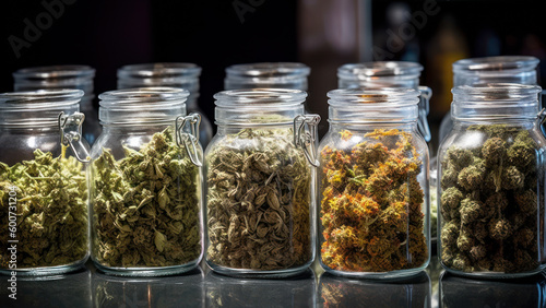 glass jars with different strain of cannabis display case with buds of medical marijuana generative ai