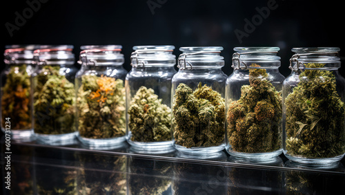 glass jars with different strain of cannabis display case with buds of medical marijuana generative ai