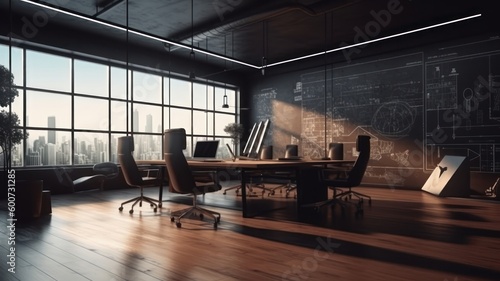 Modern office in high-tech style, with beautiful evening light, large panoramic windows, modern design computers Generative AI