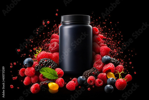 vitamin fruit supplement black empty bottle among flavor splash berries generative ai