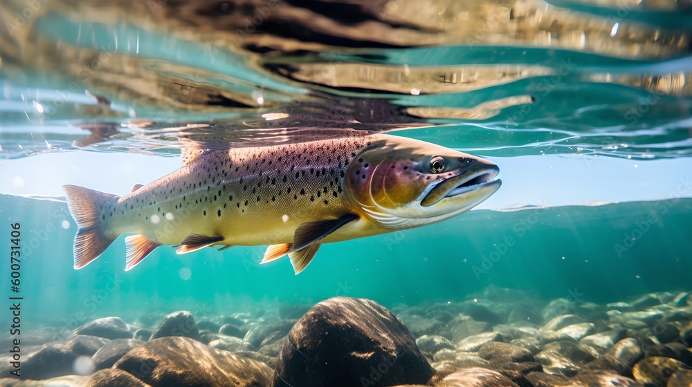 Naklejka premium Salmon Swimming in Water, Image Ai Generated