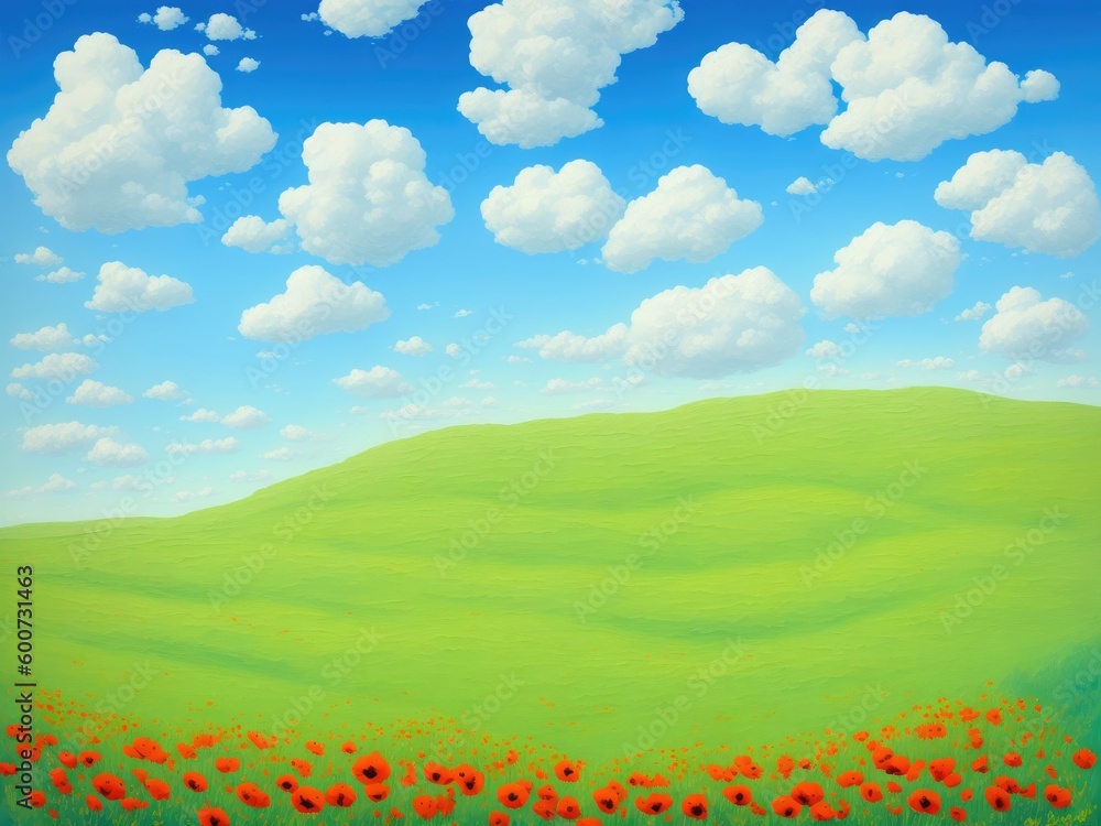 Poppy field, clouds in the blue sky. Created by a stable diffusion neural network.