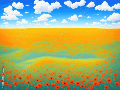 Poppy field  clouds in the blue sky. Created by a stable diffusion neural network.