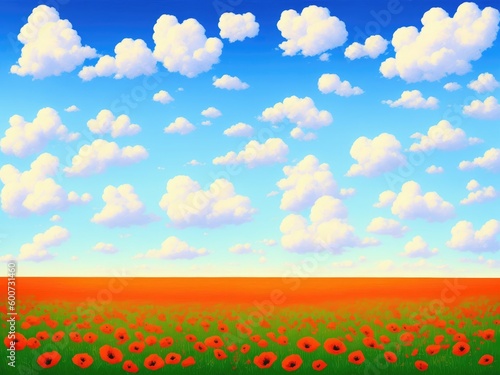 Poppy field  clouds in the blue sky. Created by a stable diffusion neural network.