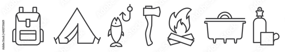 Bushcraft and survival equipment editable thin line icon set for web and print Bushcraft and survival equipment editable thin line icon set for web and print