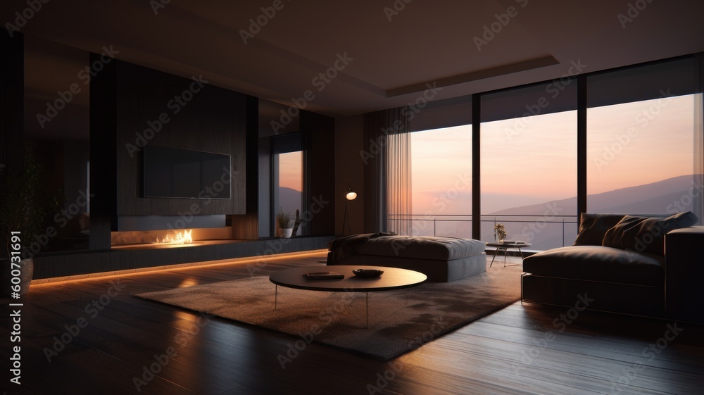 Naklejka premium Modern apartment minimalism evening large panoramic windows Generative AI