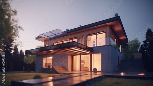 Modern country house with solar panels on the roof, beautiful modern architecture with modern technologies, alternative energy. Generative AI © Georgii