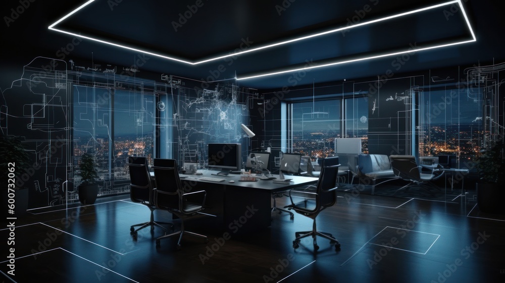 Modern office in high-tech style, with beautiful evening light, large panoramic windows, modern design computers Generative AI