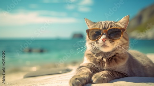 Cat wearing Sunglasses sitting on the Beach, Image Ai Generated