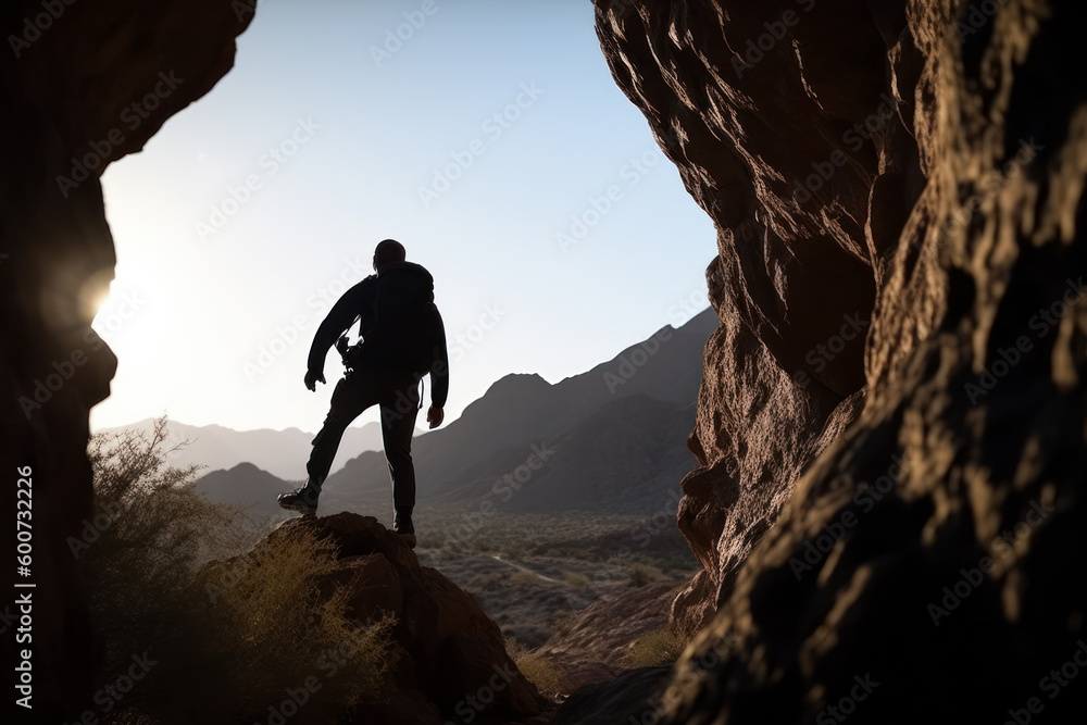 male climber climbing mountains dark silhouette against the background of the sun generative ai