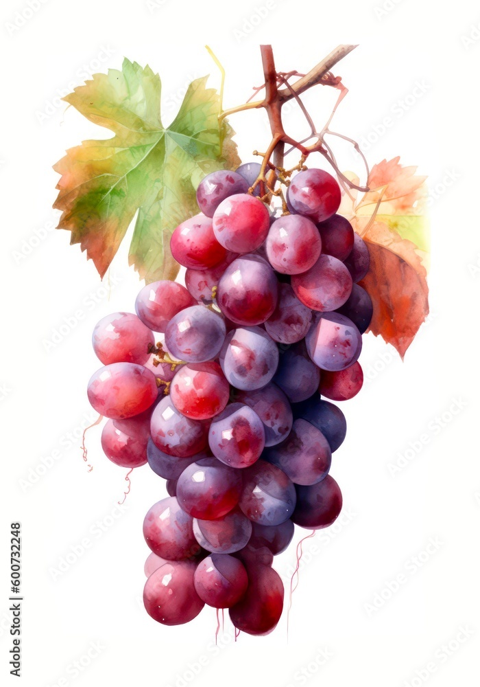 Fototapeta premium Watercolor illustration of a bunch with red grapes isolated on white background. Generative AI.
