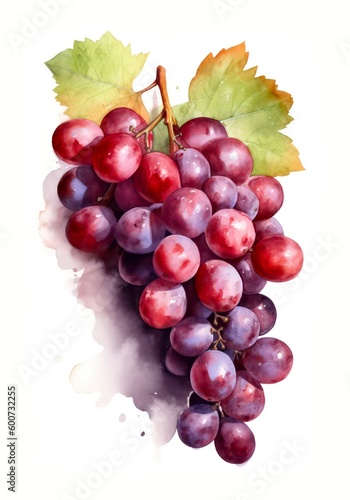 Watercolor illustration of a bunch with red grapes isolated on white background. Generative AI.