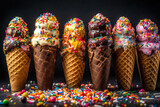 waffle horn with colorful ice cream cones with different flavors fruit and chocolate with confetti generative ai
