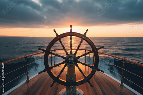 ship wheel on boat with sea and sky. freedom and adventure. direction concept. generative ai