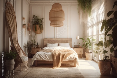Stylish bedroom in boho style with beautiful light, bed interior made of natural materials Generative AI