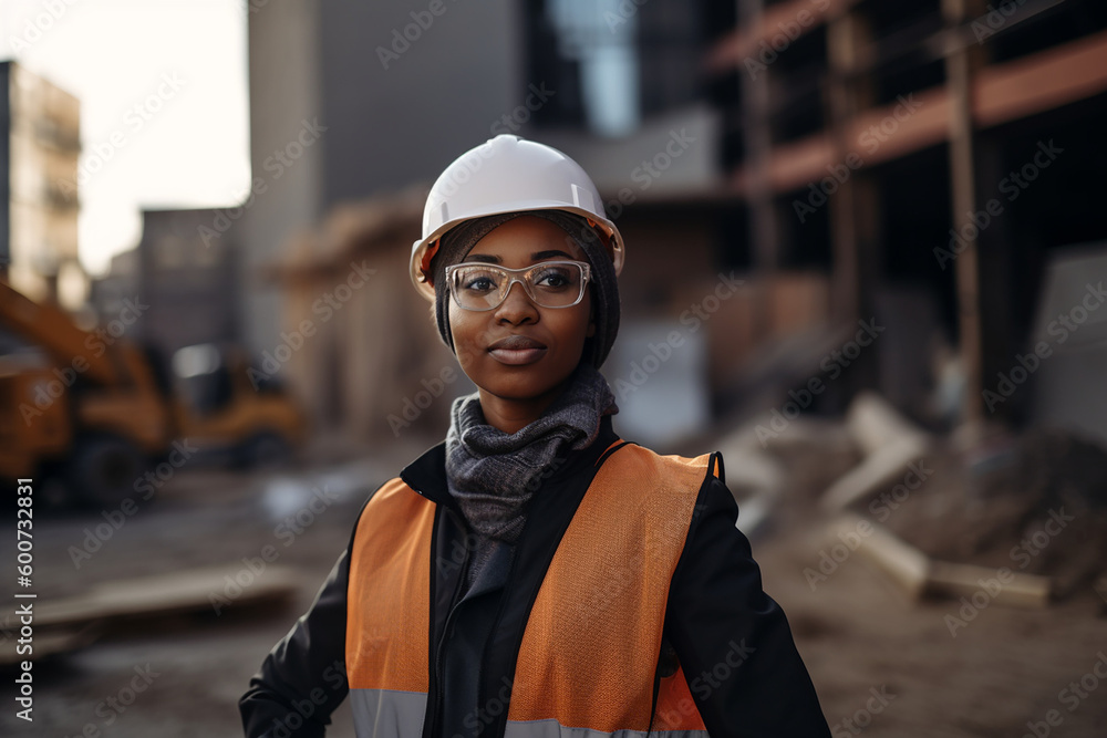 female black construction worker with helmet. Generative AI female black construction worker with helmet. Generative AI