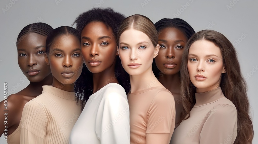 Obraz premium A diverse group of beautiful women with natural beauty and glowing smooth skin. Portrait of many attractive female fashion models with great skincare of all races, tones and style, Generative AI