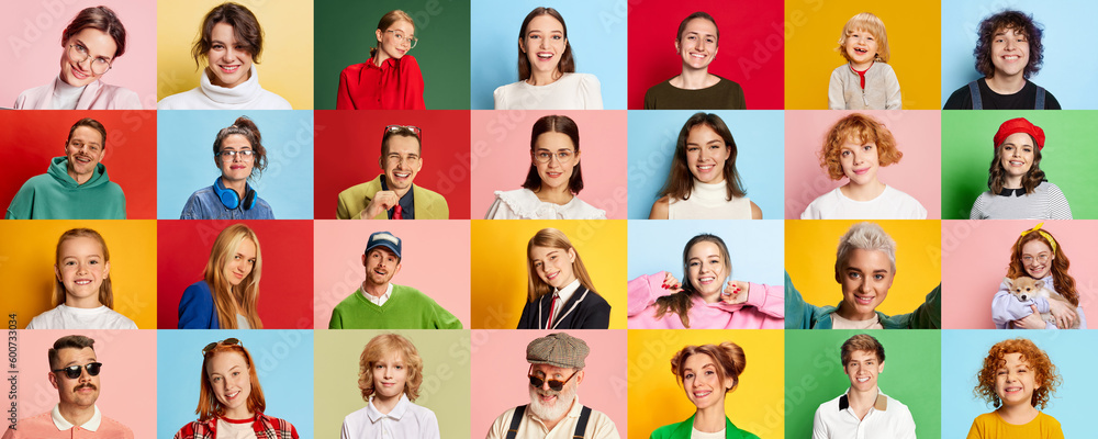Collage made of portraits different people of diverse gender and age smiling, showing positivity against multicolored background. Concept of human emotions, youth, lifestyle, facial expression. Ad