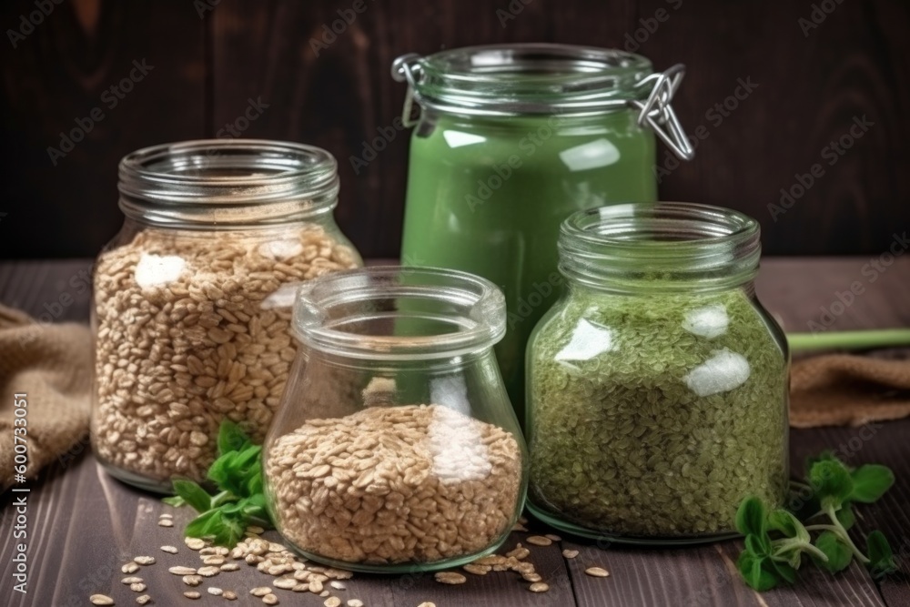 Jars with different cereals on table in kitchen, ai generative Jars with different cereals on table in kitchen, ai generative