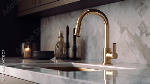 Water faucet with sink in the kitchen marble finish, modern kitchen interior design Generative AI