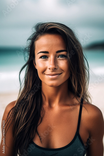 Portrait of a beautiful brunette woman smiling at beach during sunset. Generative Ai © Zenturio Designs
