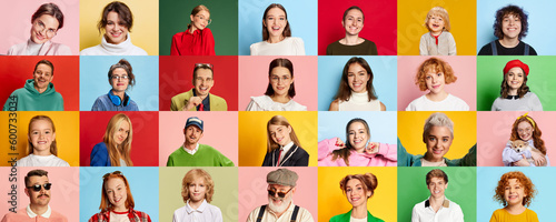 Collage made of portraits different people of diverse gender and age smiling, showing positivity against multicolored background. Concept of human emotions, youth, lifestyle, facial expression. Ad