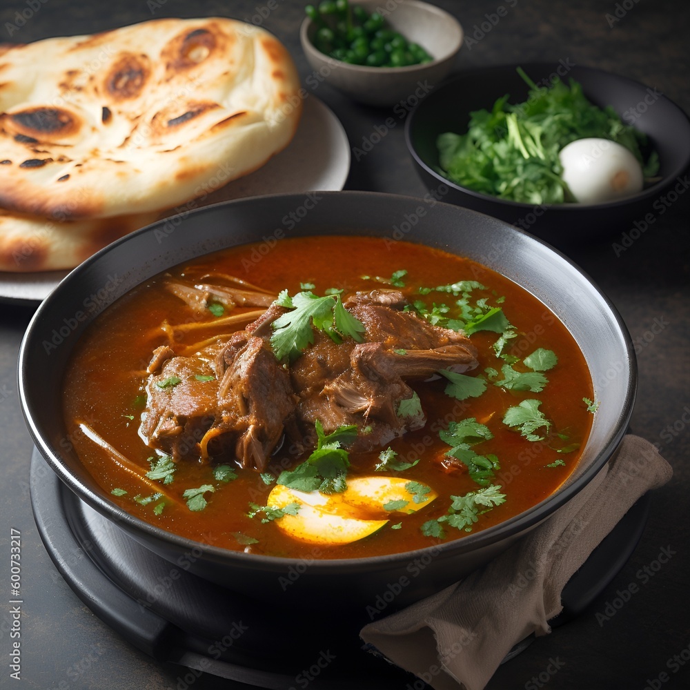 A plate of hearty and flavorful nihari, featuring tender beef or lamb shanks, slow-cooked in a rich and spicy broth, served with naan bread - Generative AI